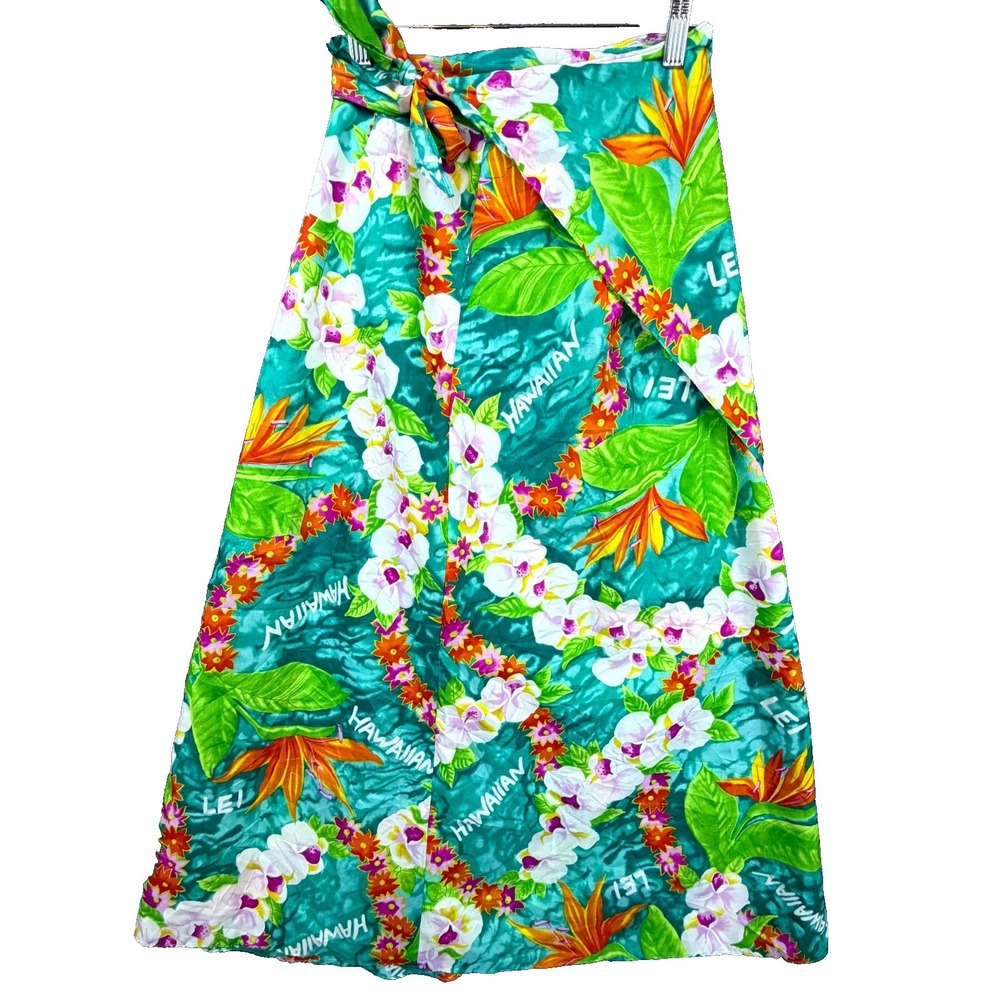 Vintage Hilo Hattie Sarong Skirt Womens OS Green Floral Hawaiian Summer Beach